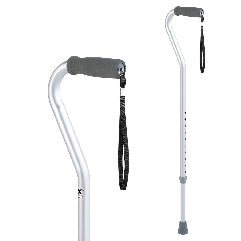Offset aluminum walking cane with gray cushioned handle and black wrist strap