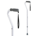 Offset aluminum walking cane with gray cushioned handle and black wrist strap