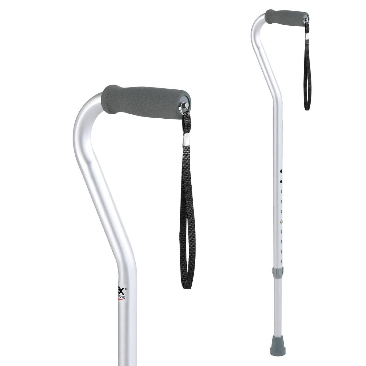 Offset aluminum walking cane with gray cushioned handle and black wrist strap