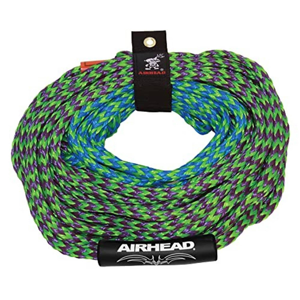 Braided tow rope coil with black keeper strap and AIRHEAD branding, purple green blue