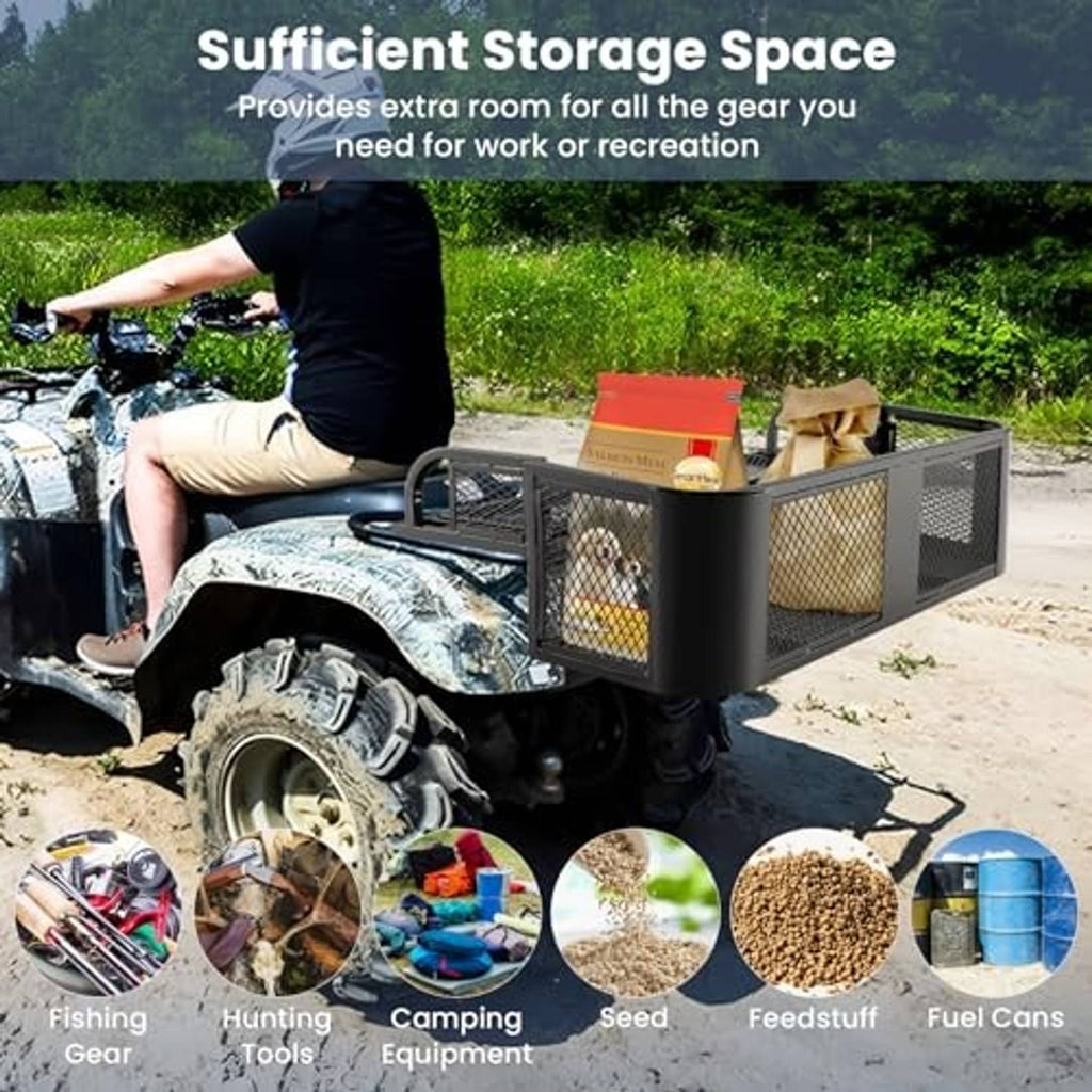 Black metal mesh cargo basket on an ATV, featuring multiple storage compartments