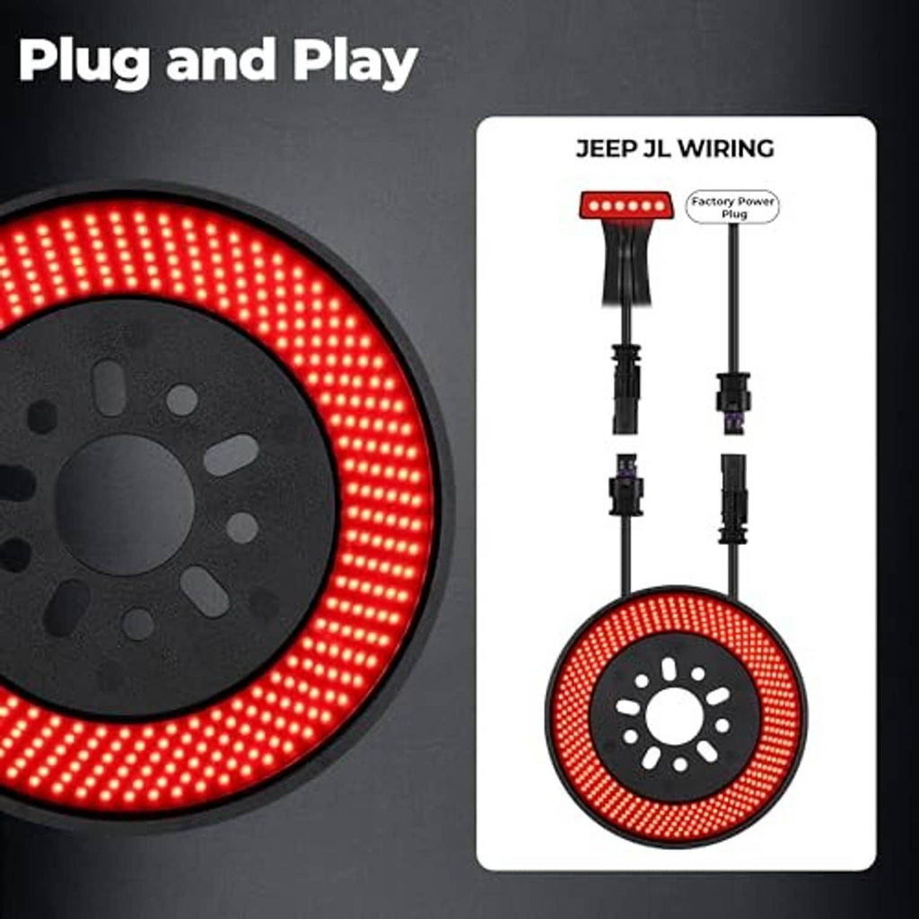 Red LED spare-tire brake light with black base and plug-in wiring harness.