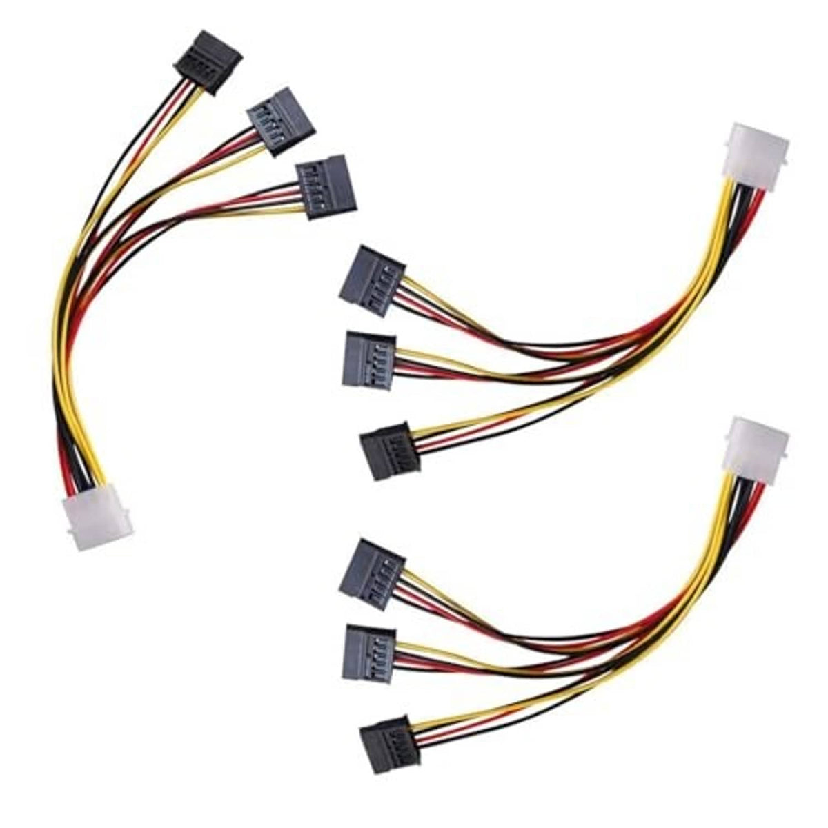 Power supply splitter cable with multiple black SATA outputs and a white Molex plug