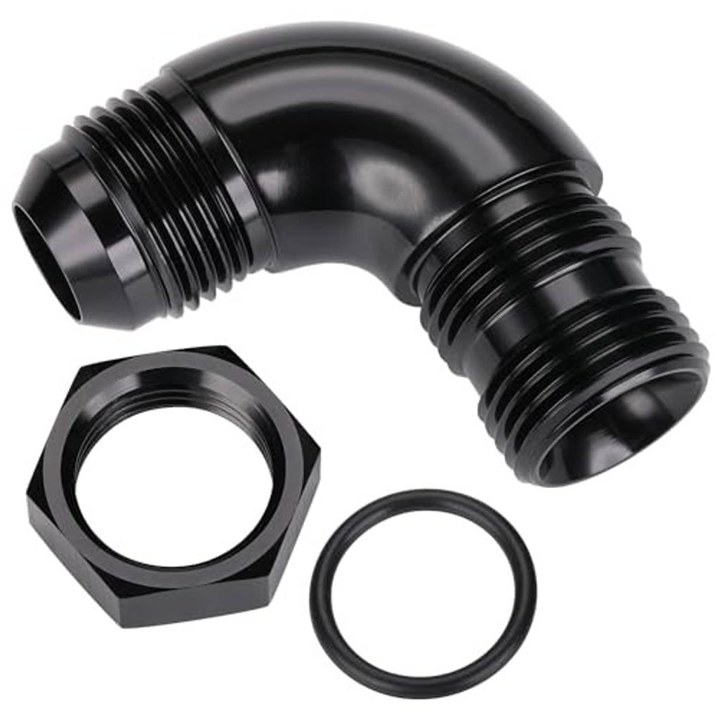 Black 90-degree AN ORB elbow with O-ring and hex nut
