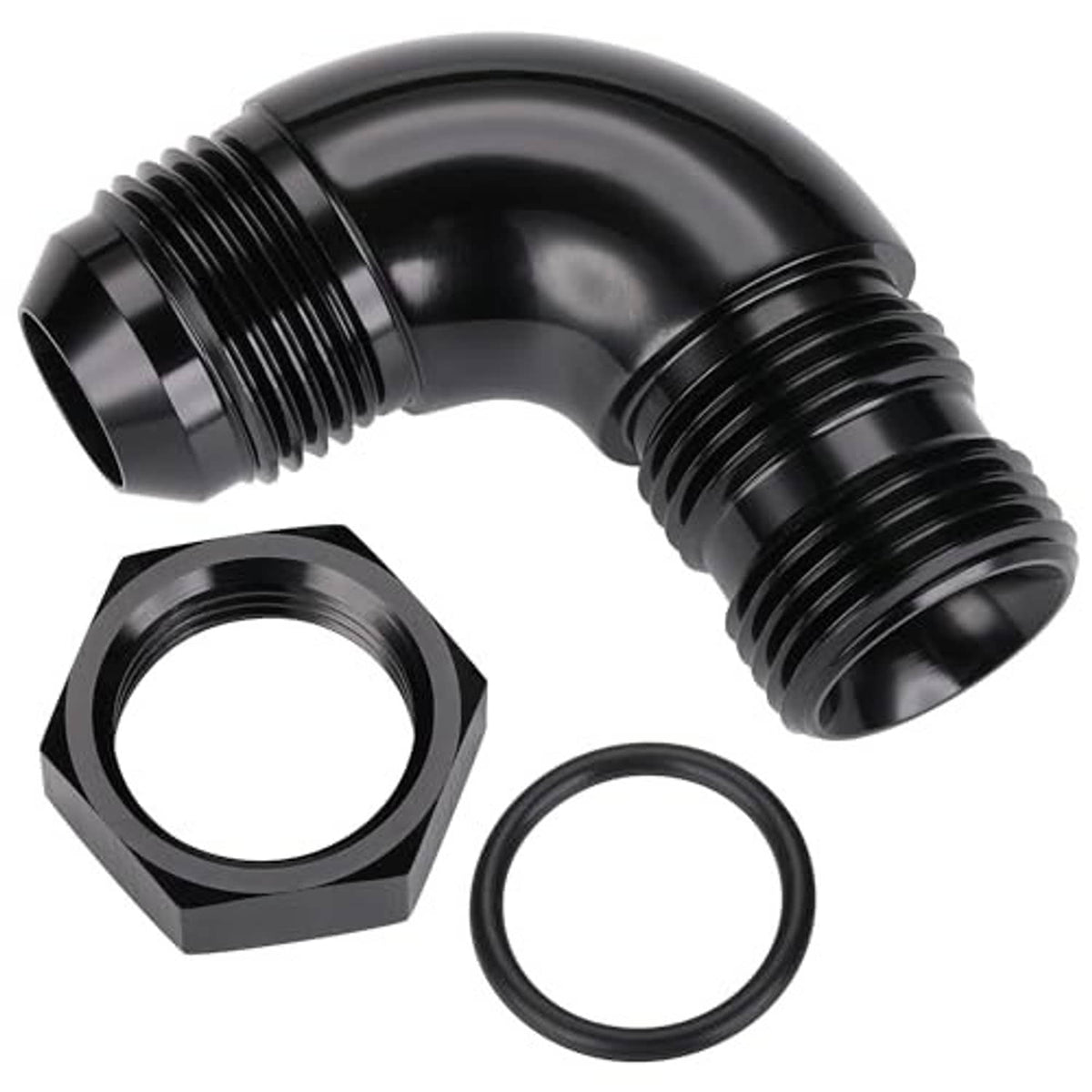 Black 90-degree AN ORB elbow with O-ring and hex nut