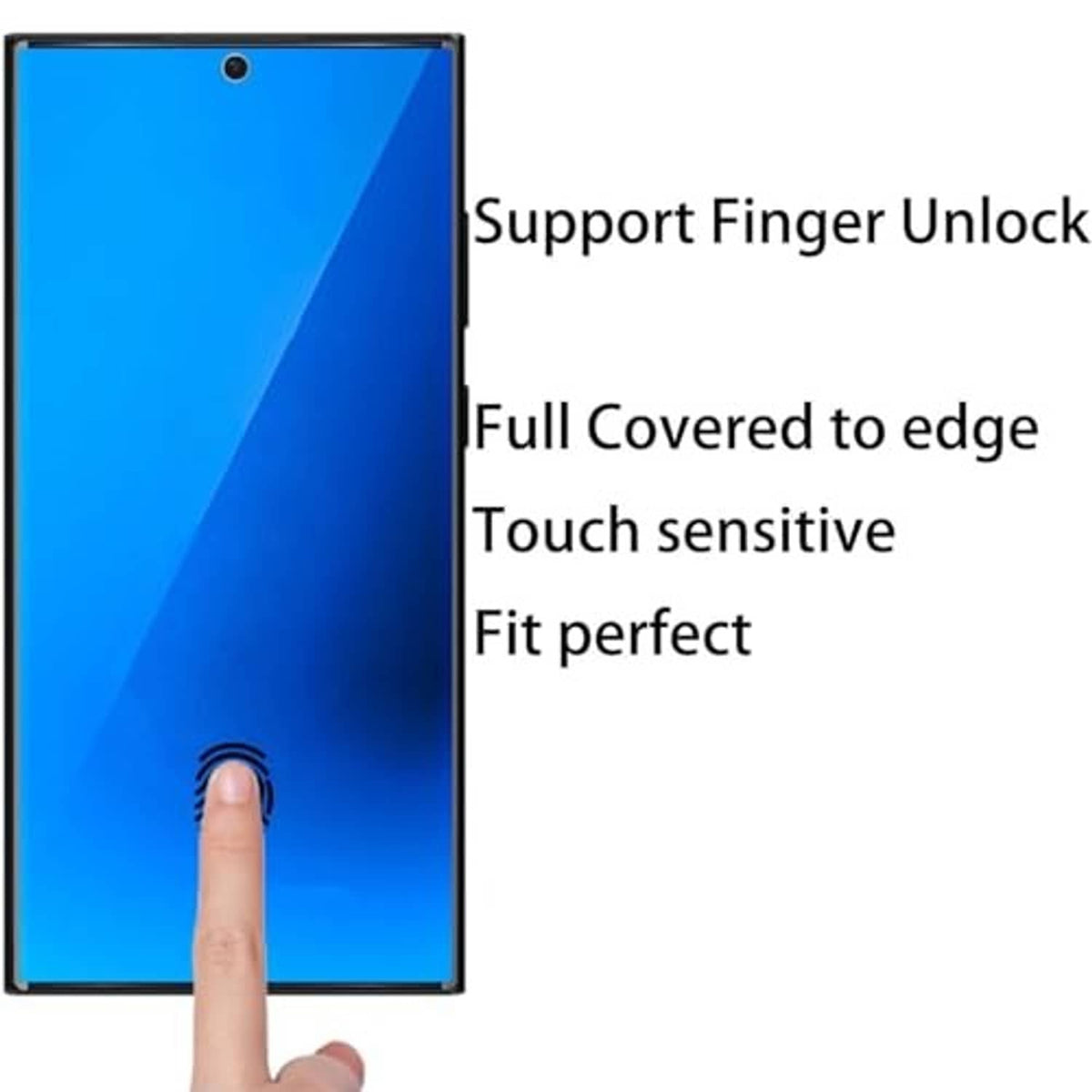 Blue anti-spy tempered glass screen protector with visible finger touch point