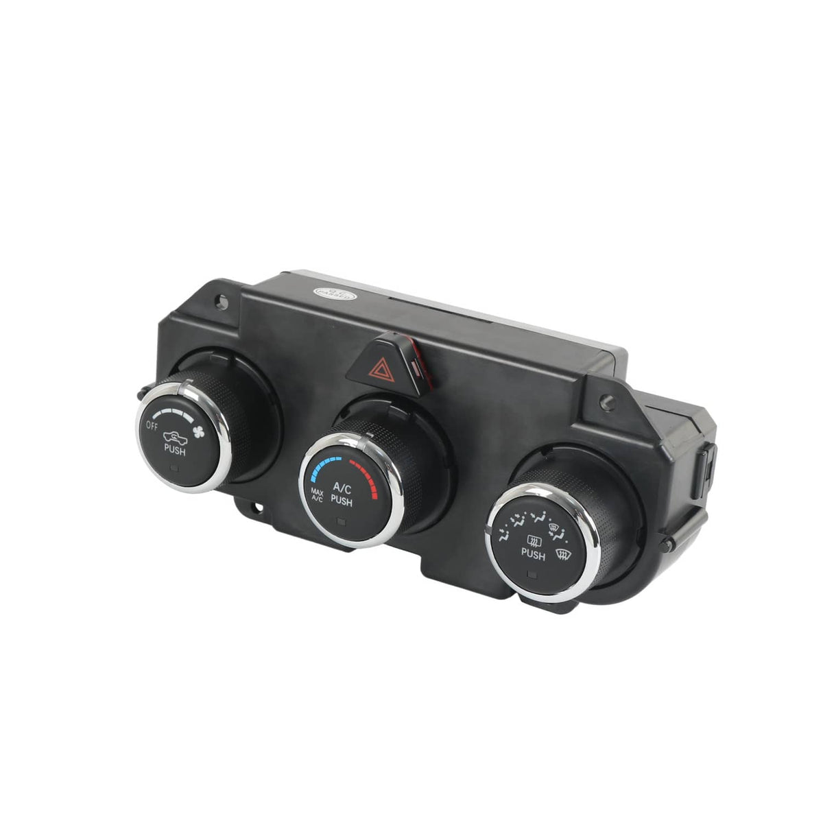 AC climate control panel angled view with three chrome-capped control knobs.