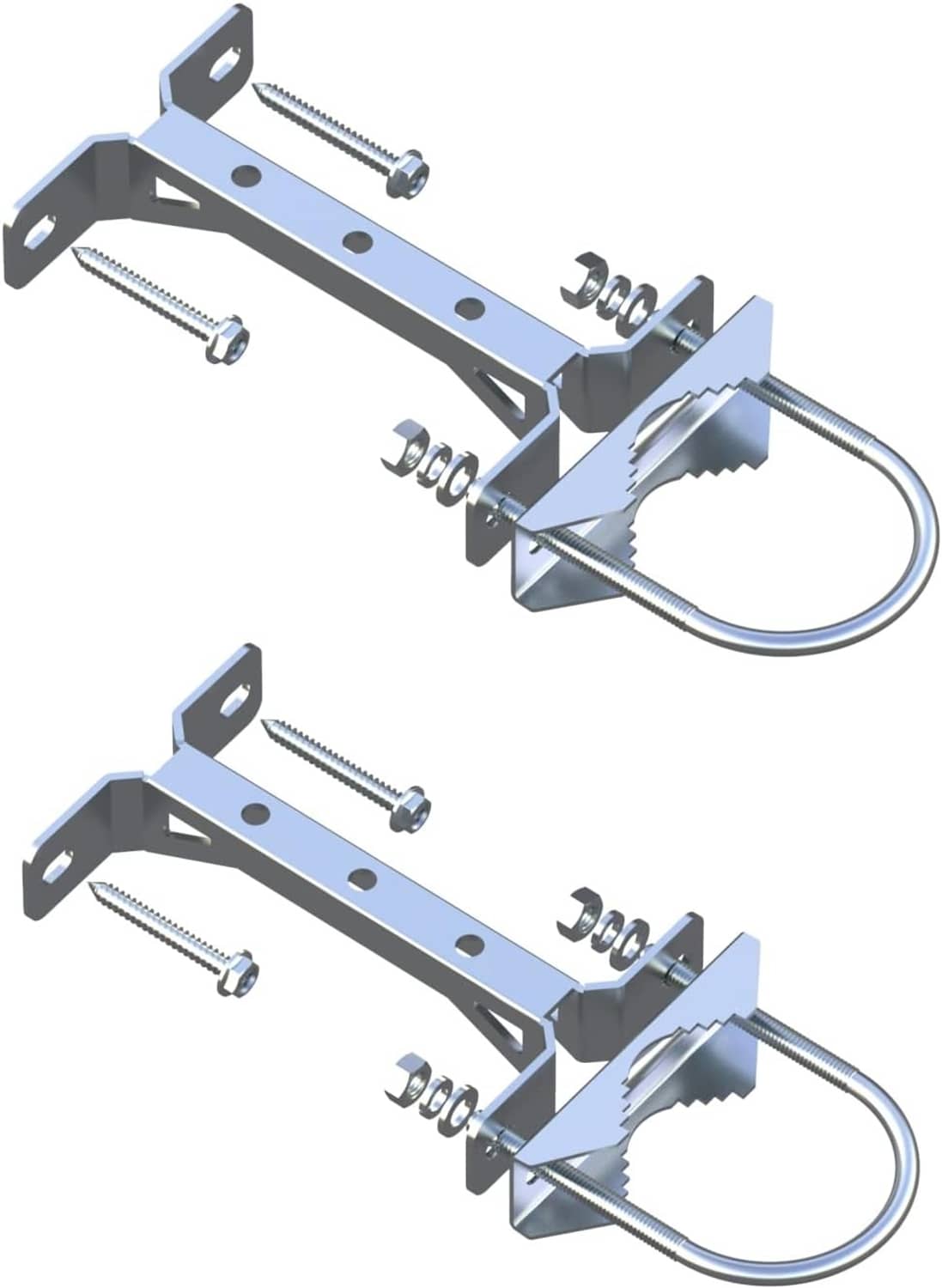 Pair of stainless steel antenna wall mast clamps with U-bolt brackets and screws