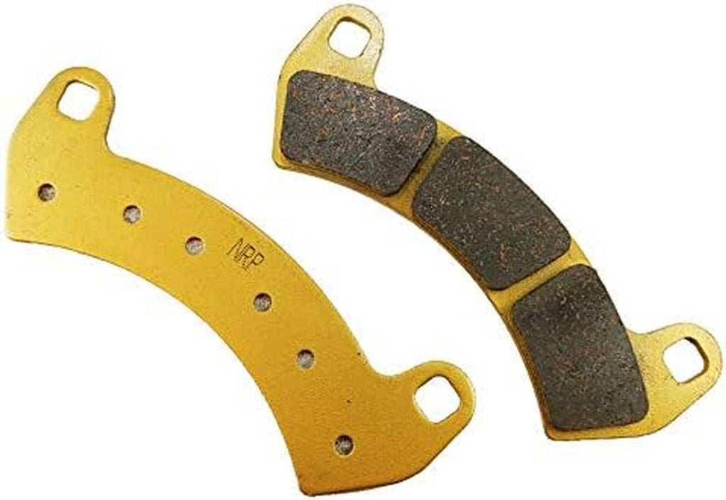 Ceramic brake pad pair with gray friction material and gold backing, mounting holes