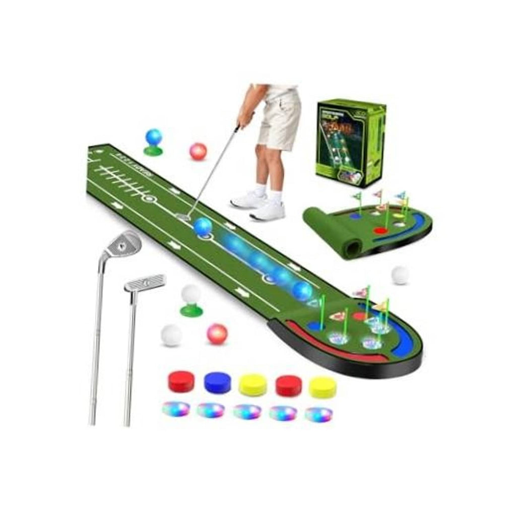Kids golf putting mat set with green track, balls, golf cups, and putter