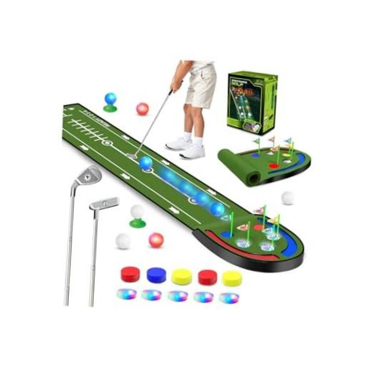 Kids golf putting mat set with green track, balls, golf cups, and putter