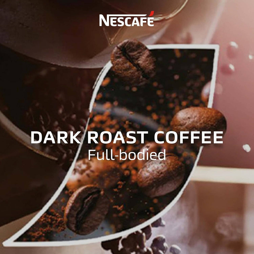 Dark roast instant coffee, full-bodied graphic with coffee beans and cup
