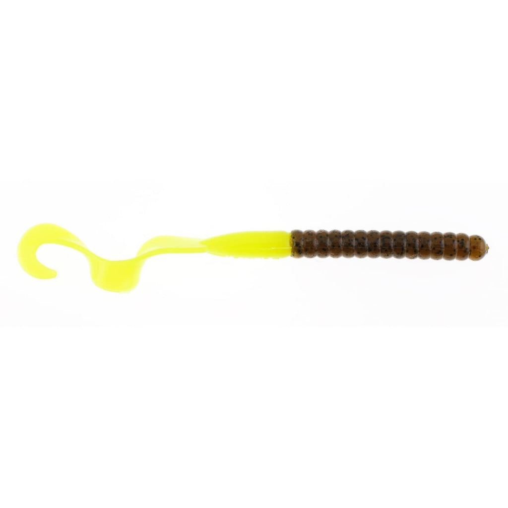 Soft plastic fishing worm lure, chartreuse body with dark brown segmented tail