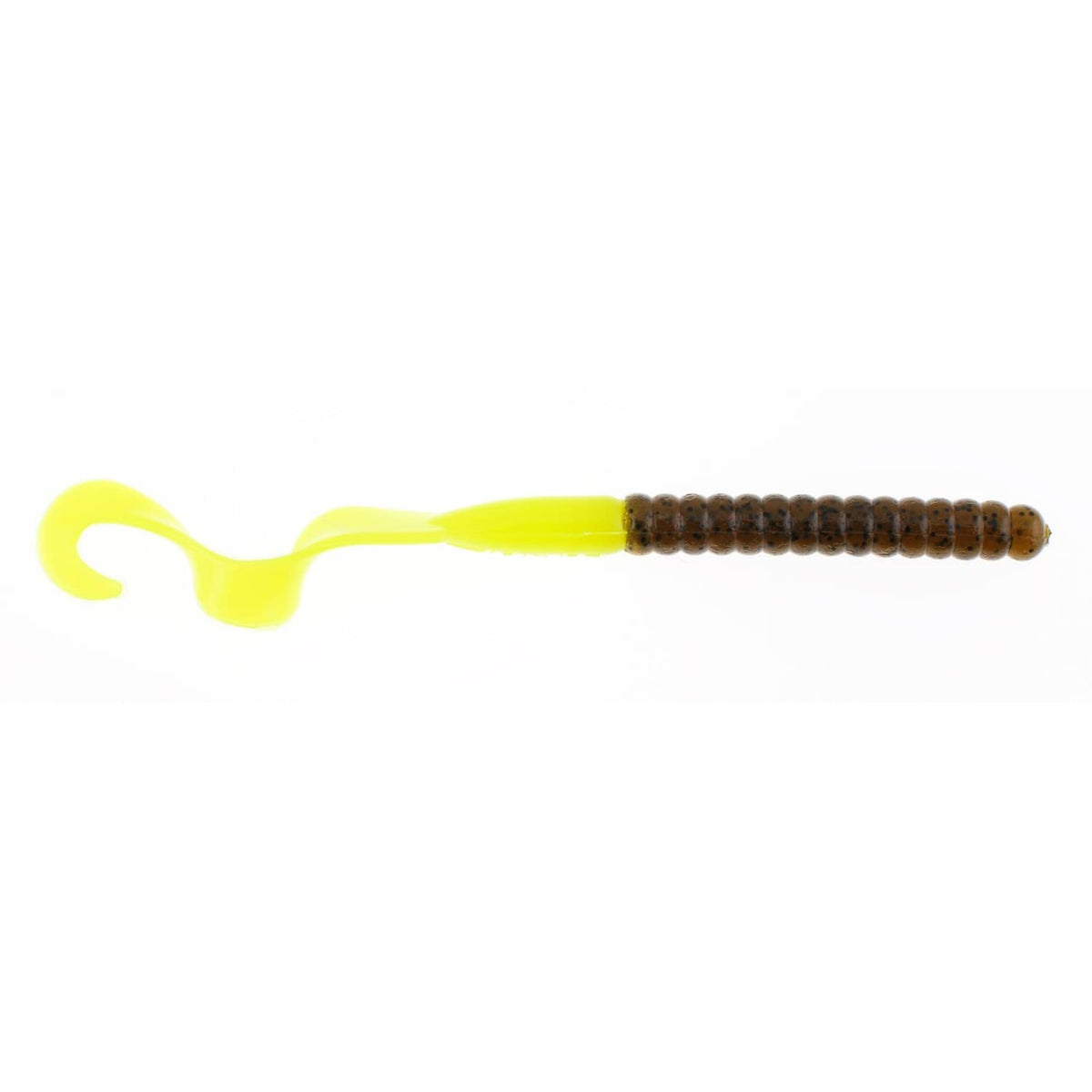 Soft plastic fishing worm lure, chartreuse body with dark brown segmented tail