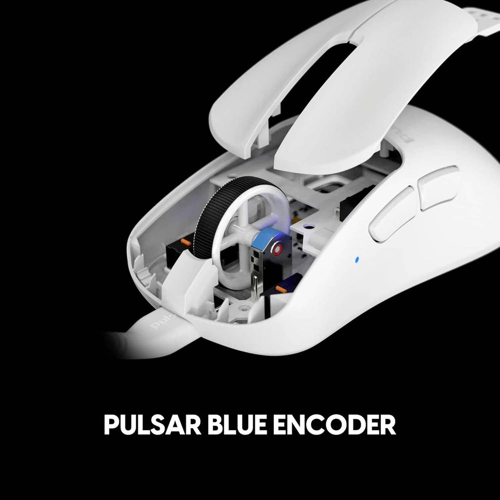 White wired gaming mouse open housing showing internal encoder wheel