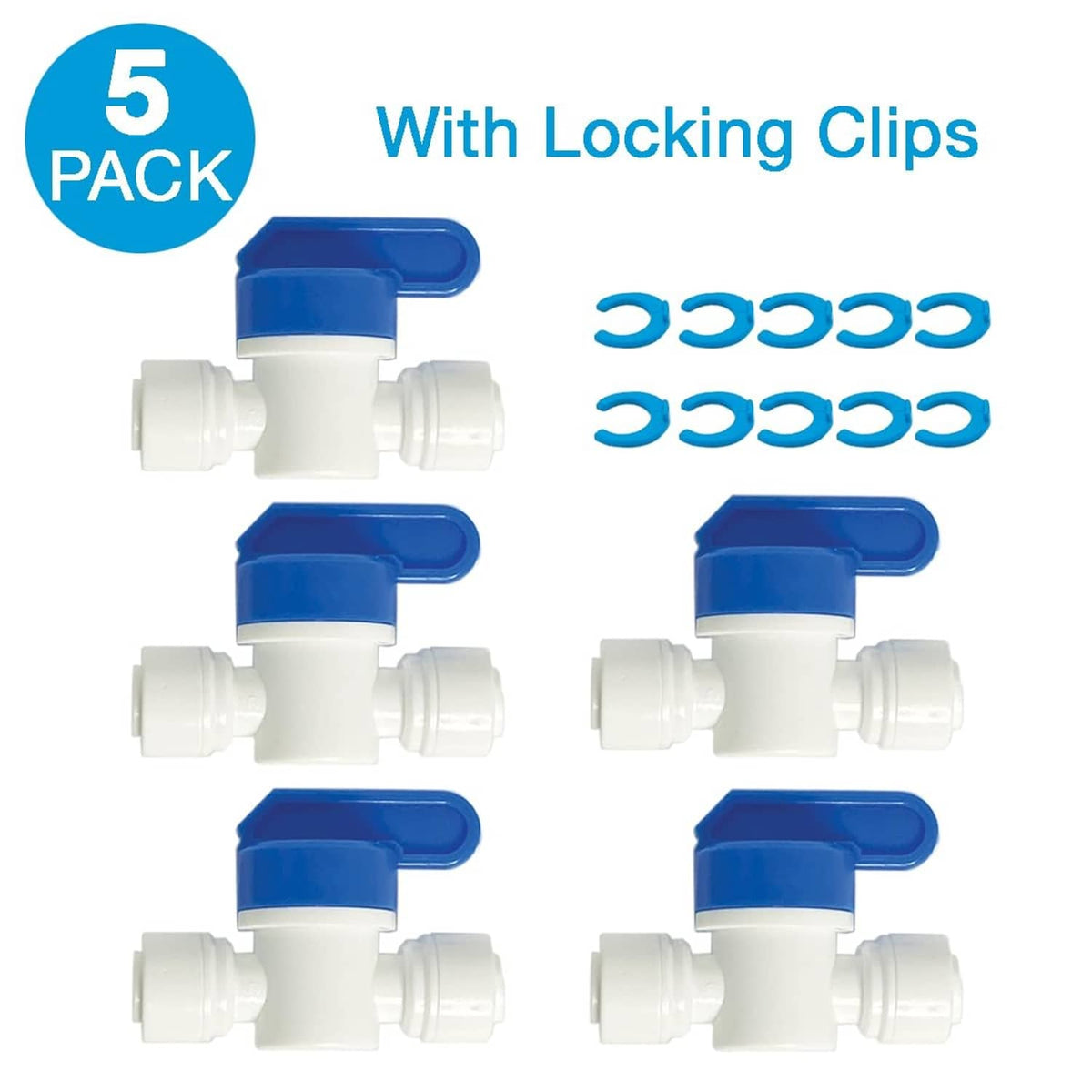 Five-pack blue and white push-fit shut off valves with locking clips