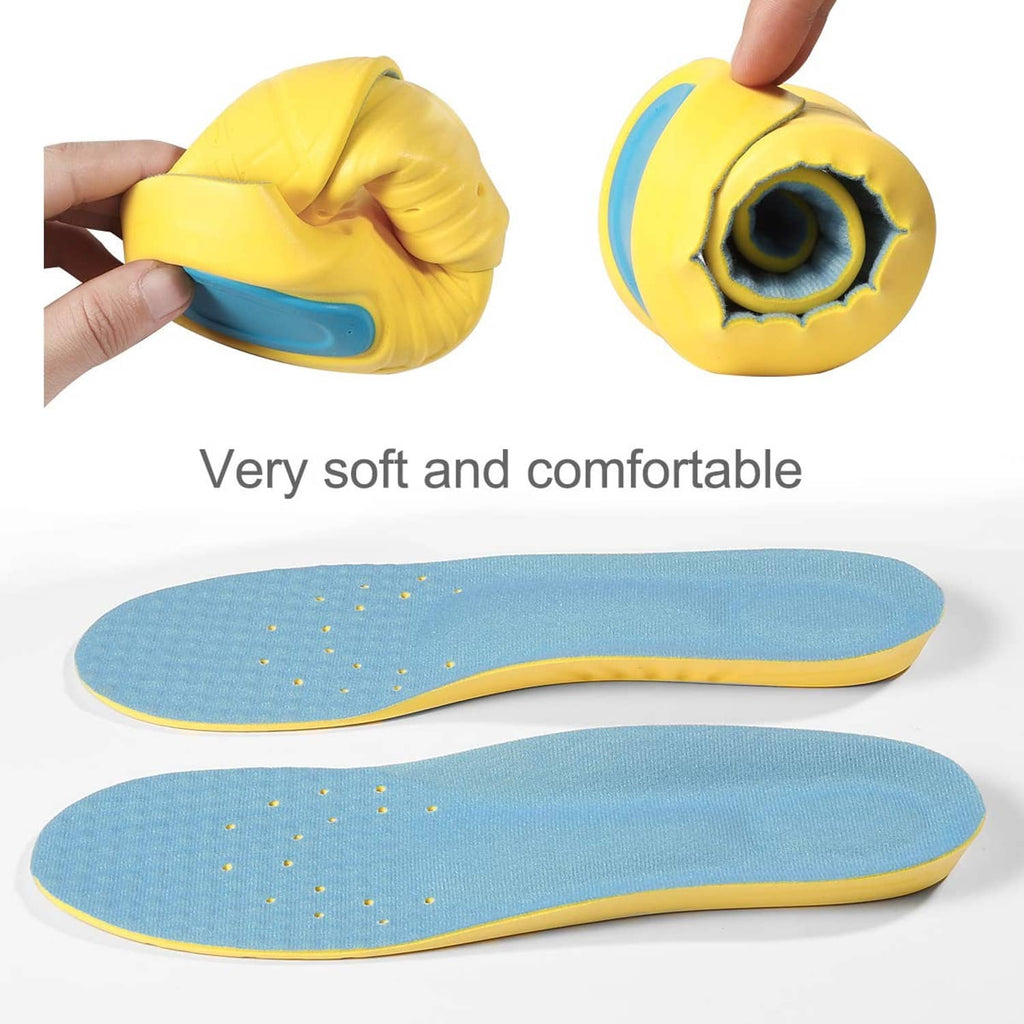 Yellow and blue gel insole pair, thin cushioned top with dotted ventilation