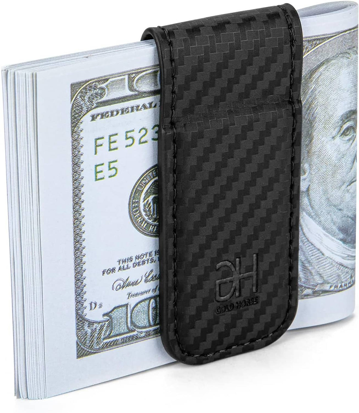 Black carbon-fiber money clip card holder holding a folded bill, with magnetic closure