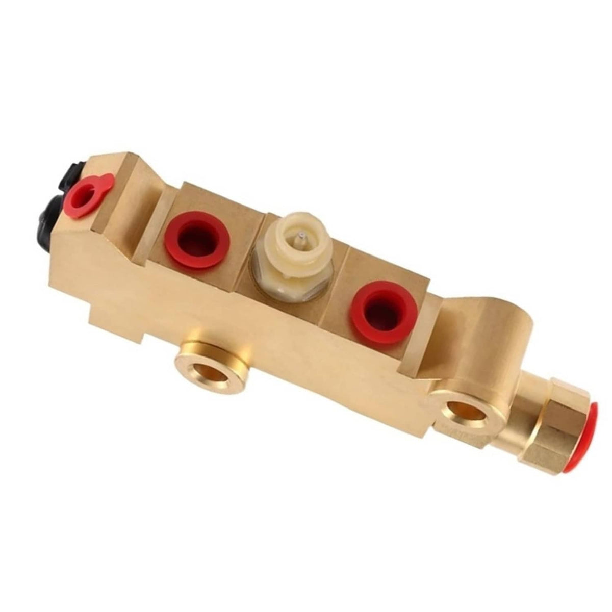 Brass proportioning valve with red ports and a white plastic check fitting