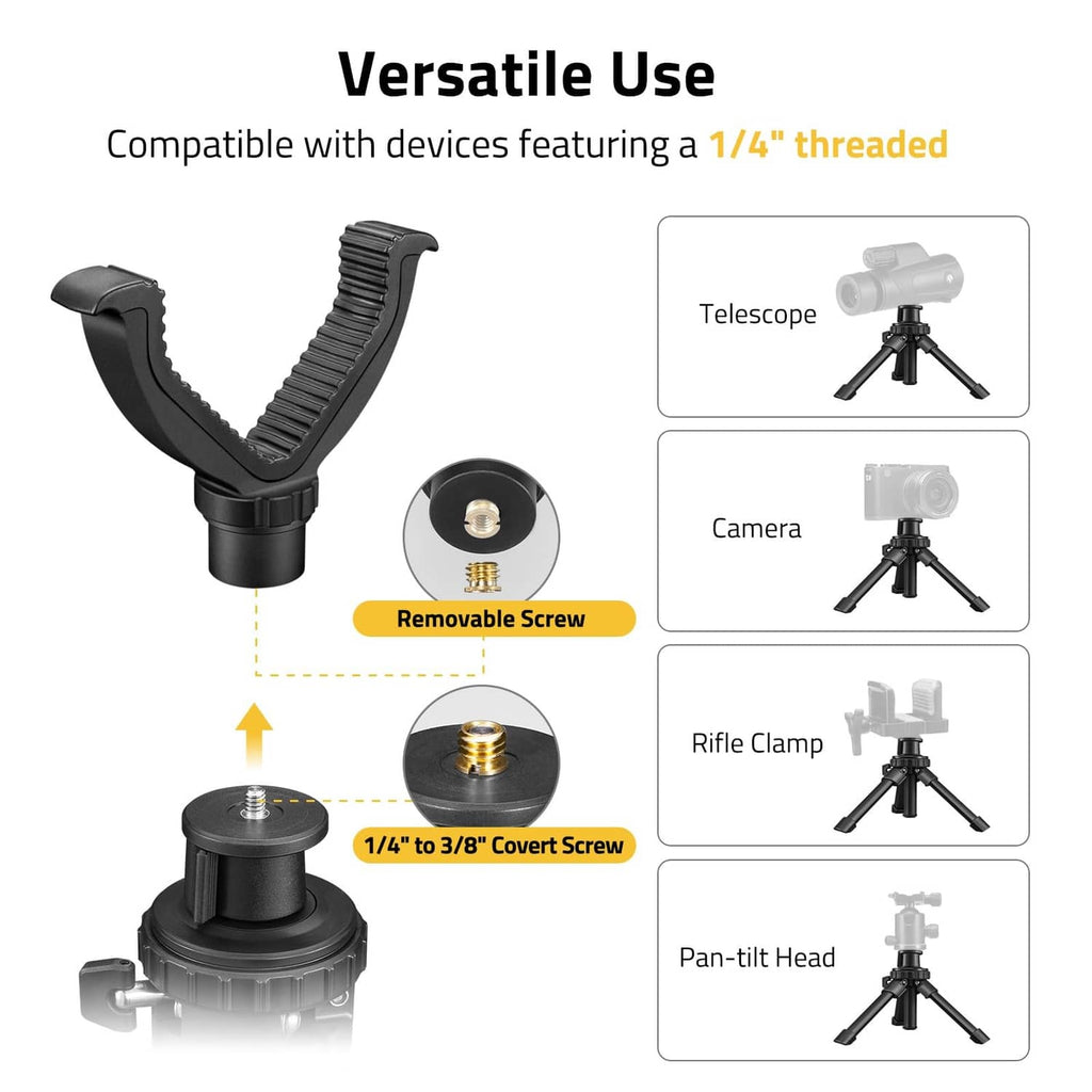 Shooting tripod with removable screw and 1/4–3/8 threaded mounting adapter