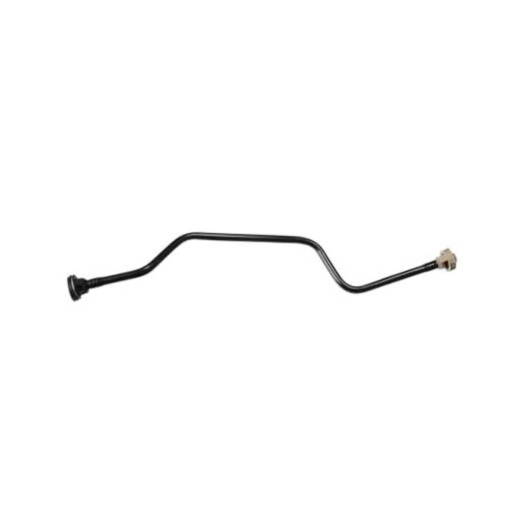 Coolant overflow hose with black rubber tubing and two end fittings, curved shape.