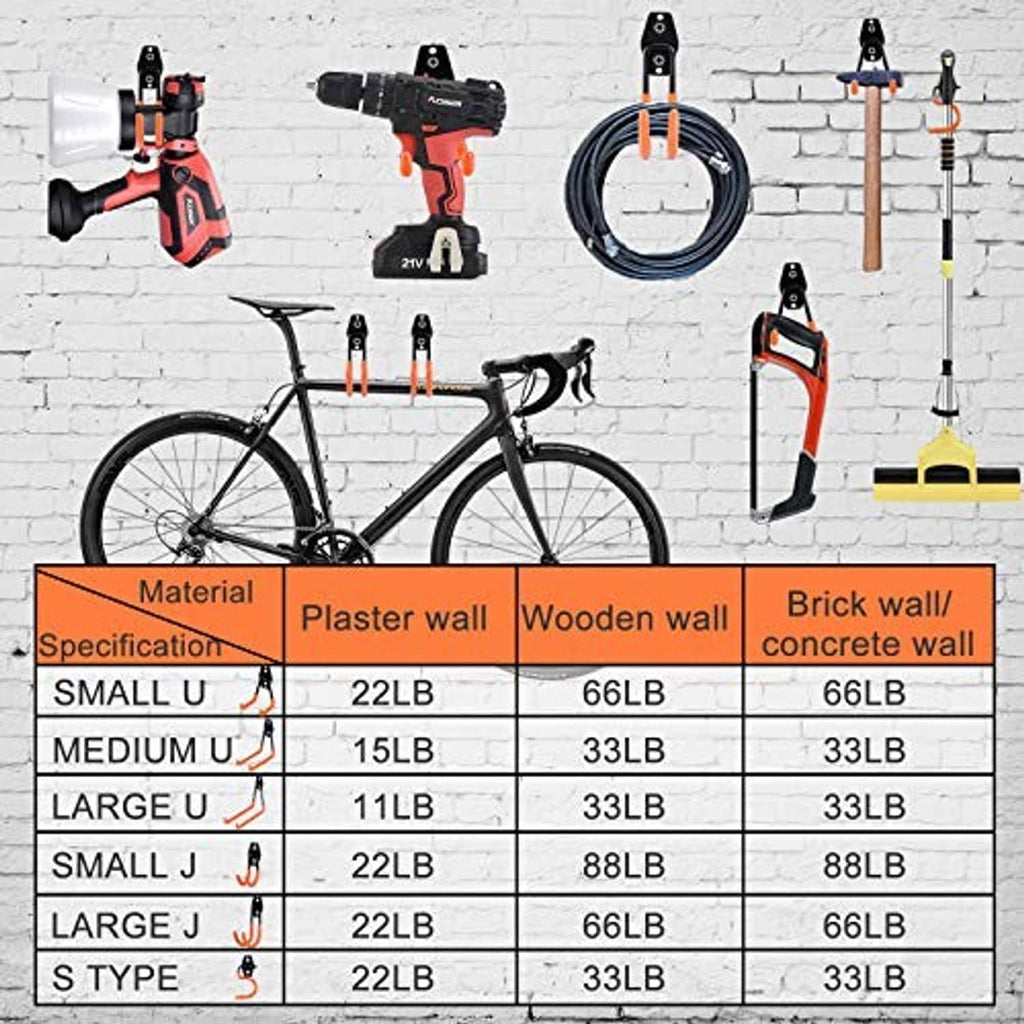 Black-and-orange double J hooks mounted on a garage wall for tool organization