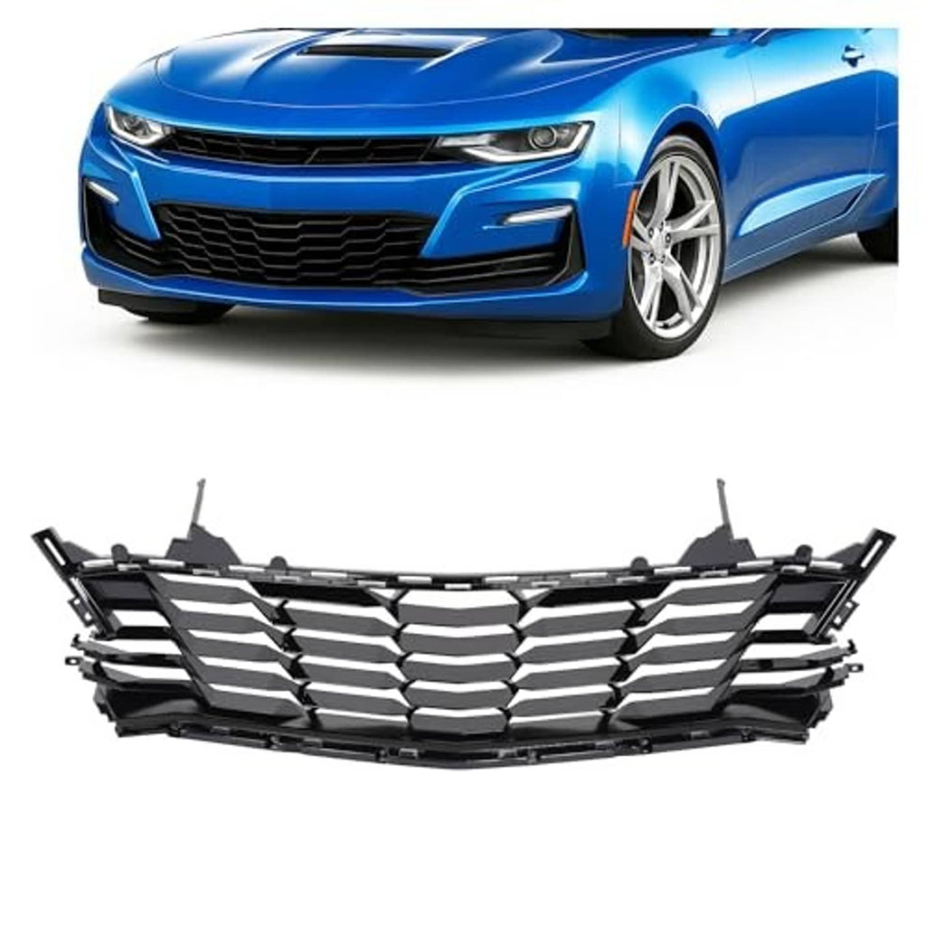 Front grille insert with horizontal bar and mesh-style openings, black finish