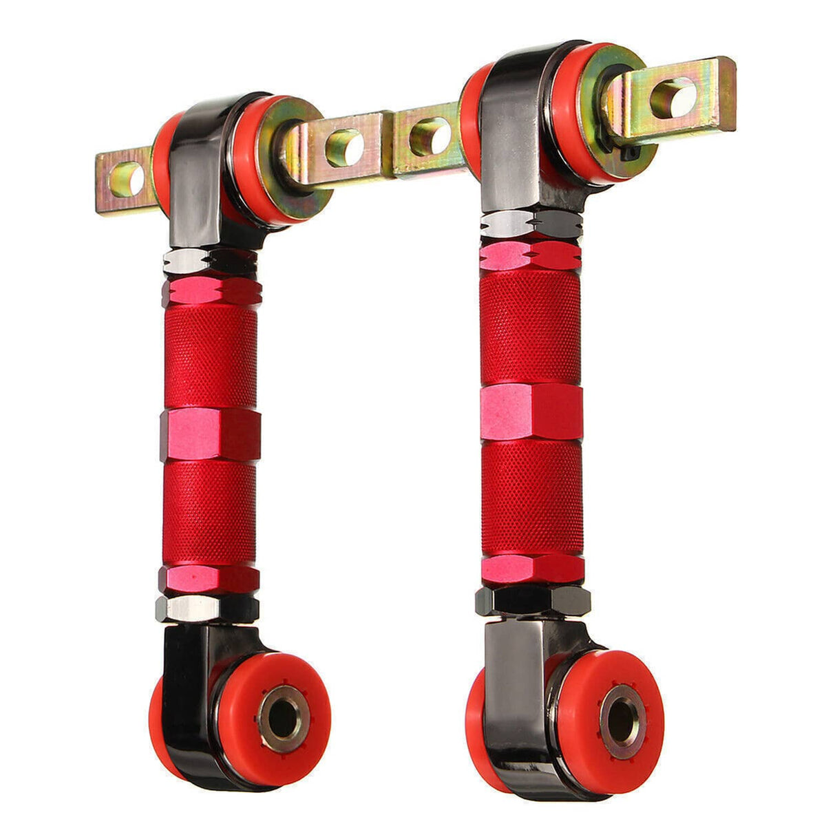 Adjustable rear camber control arm rod set with red bar, black joints, and mounting plates