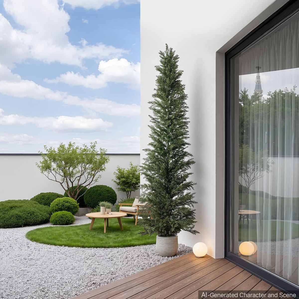 Artificial cedar topiary tree in dark pot with dense green foliage near large sliding door