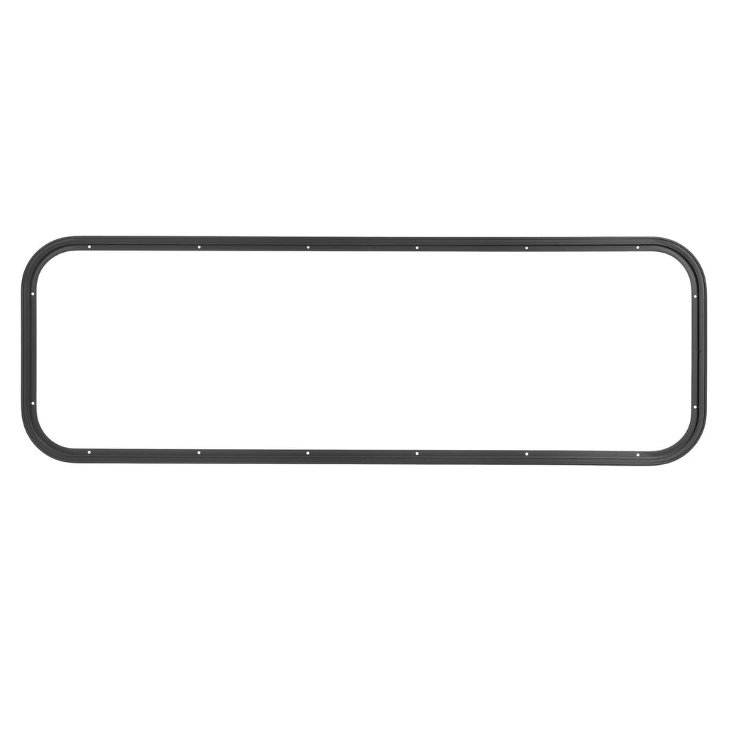 Rectangular RV window frame with dark trim and mounting holes, no glass shown.