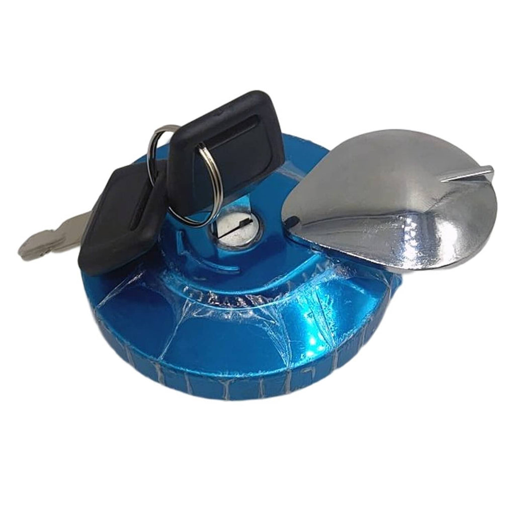 Blue and black fuel tank cap with silver top and two keys with key rings