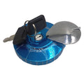 Blue and black fuel tank cap with silver top and two keys with key rings