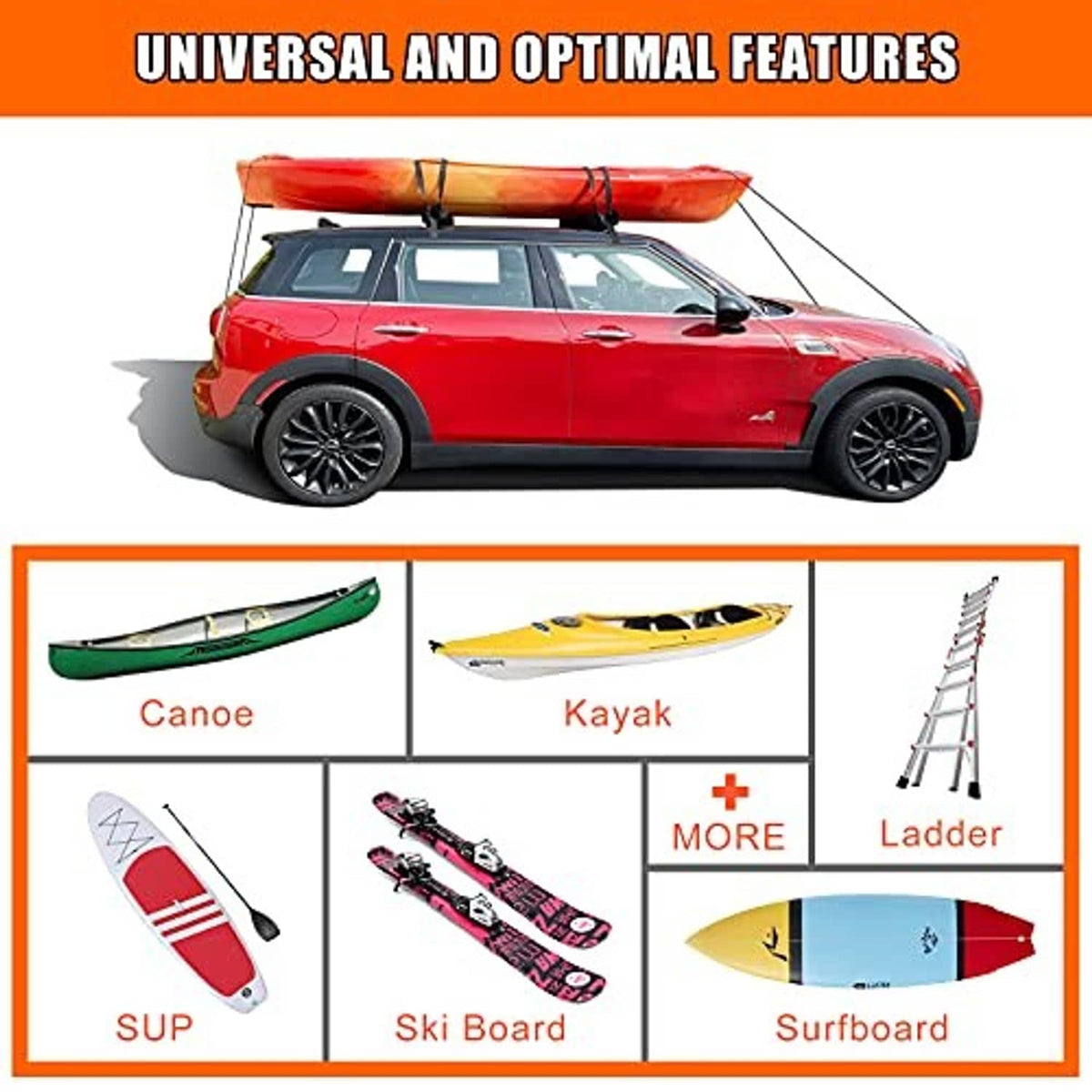 Universal soft roof rack pads system for carrying gear on car roof, shown with accessories