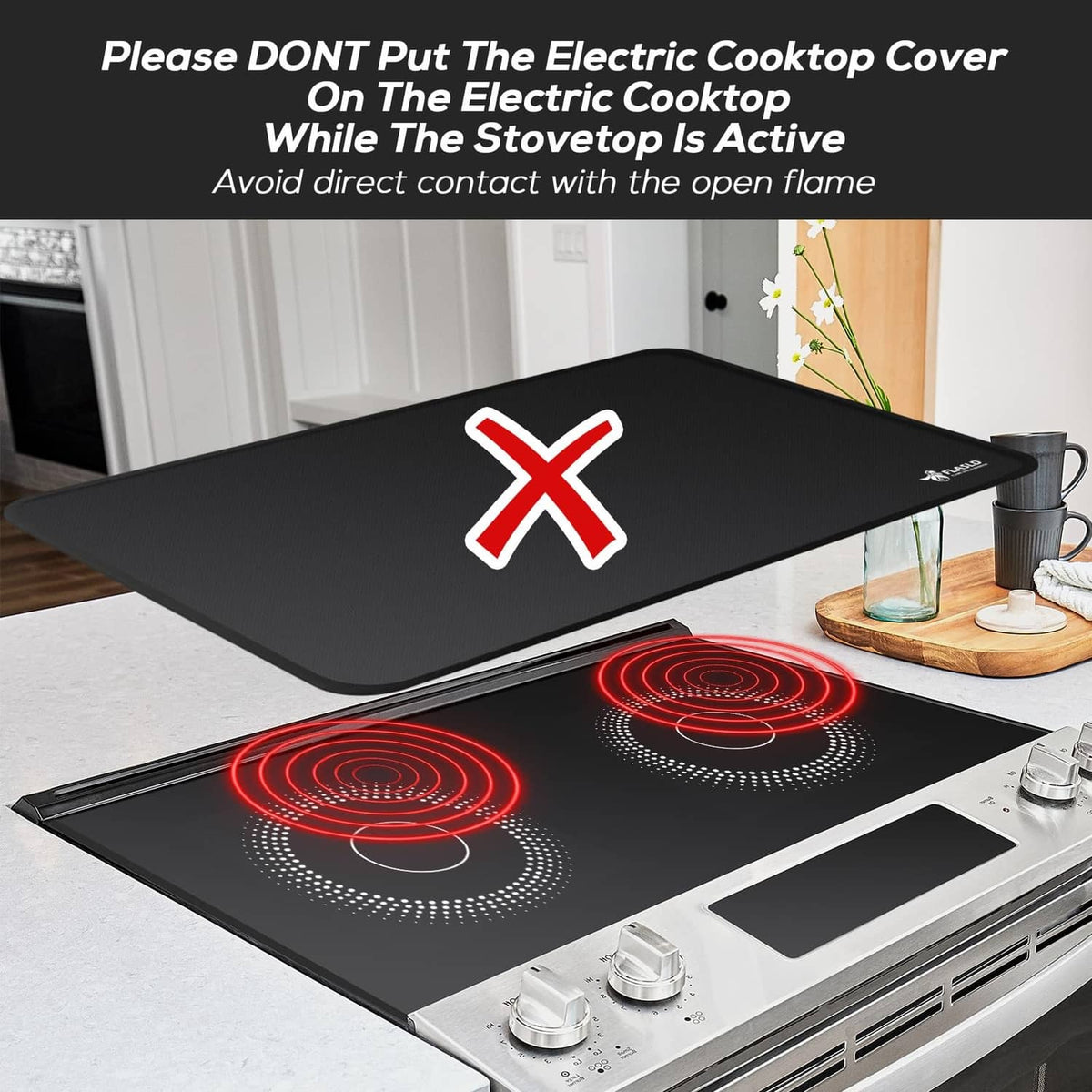 Black stove top cover over active cooktop burners, with warning X graphic