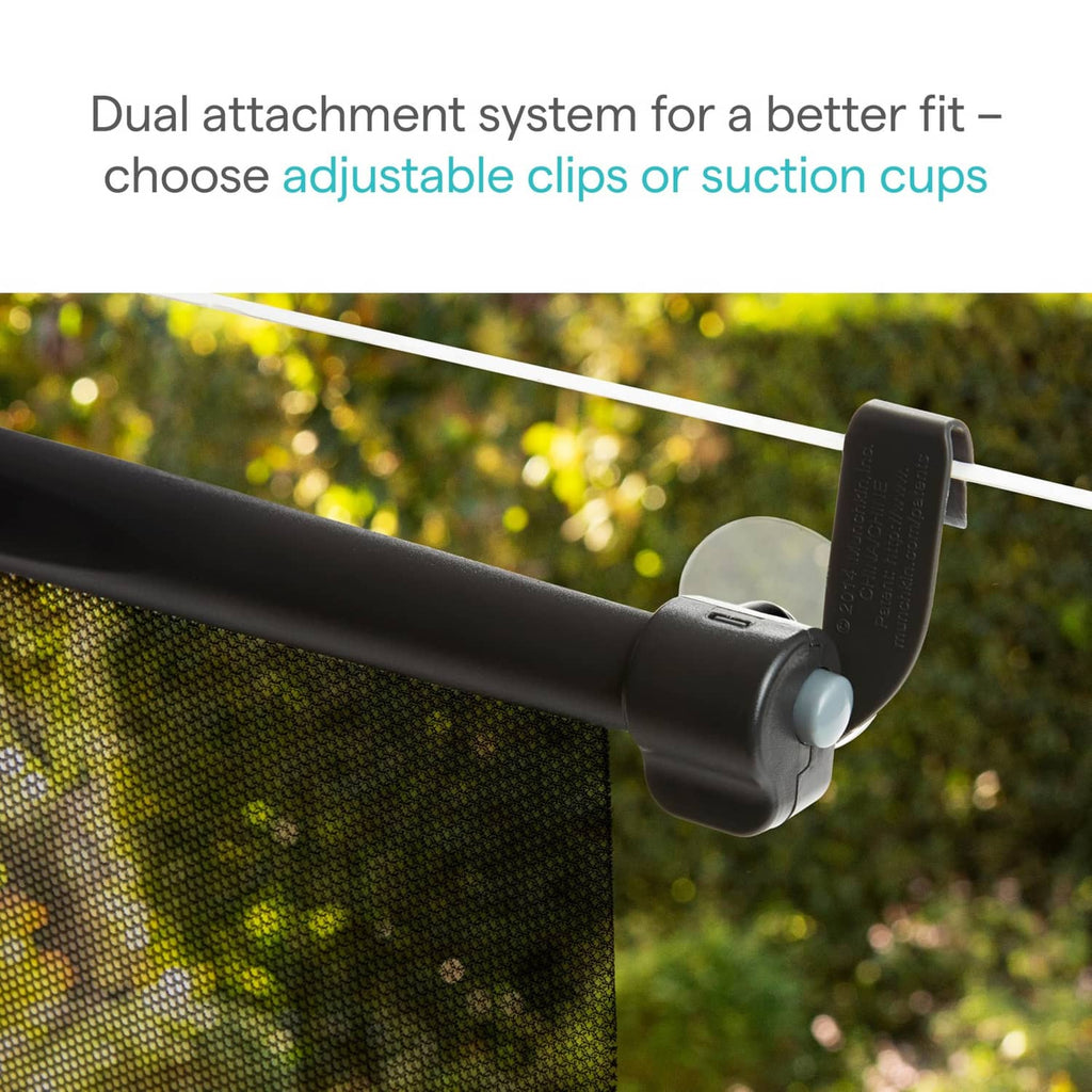 Black mesh sun shade with adjustable attachment clamp on top roller bar