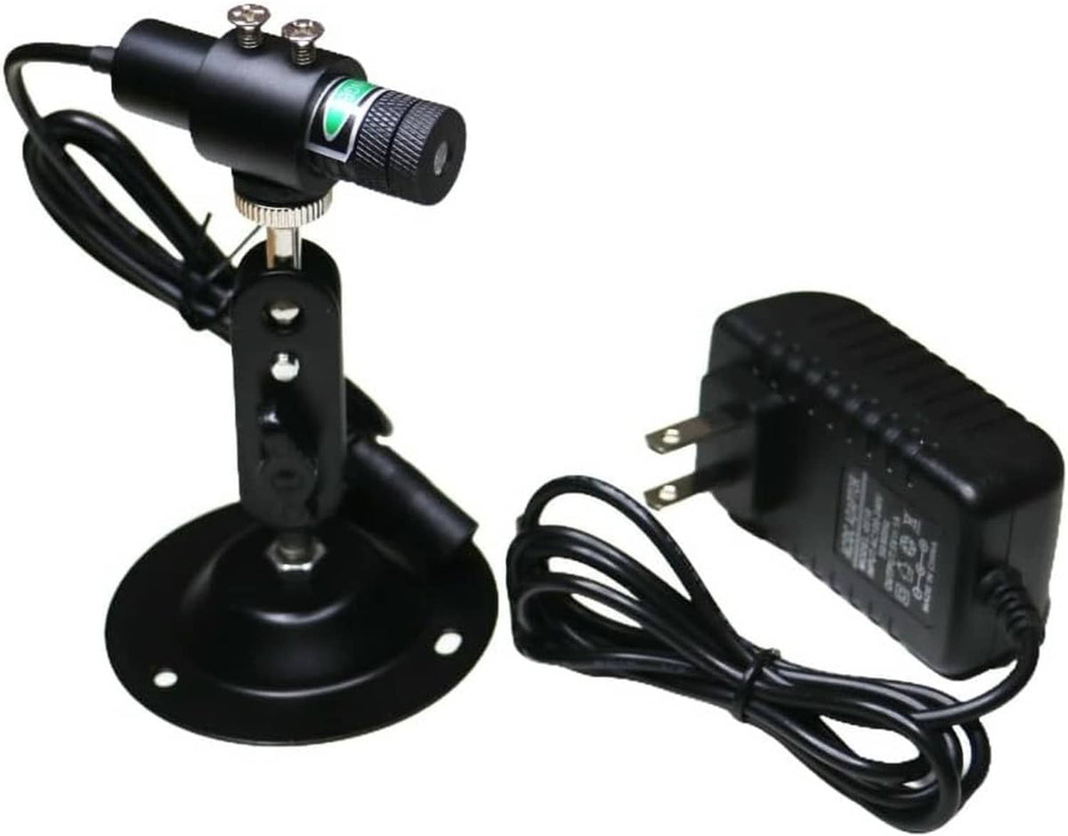 Black laser line projector module with round base, tripod mount, and power adapter