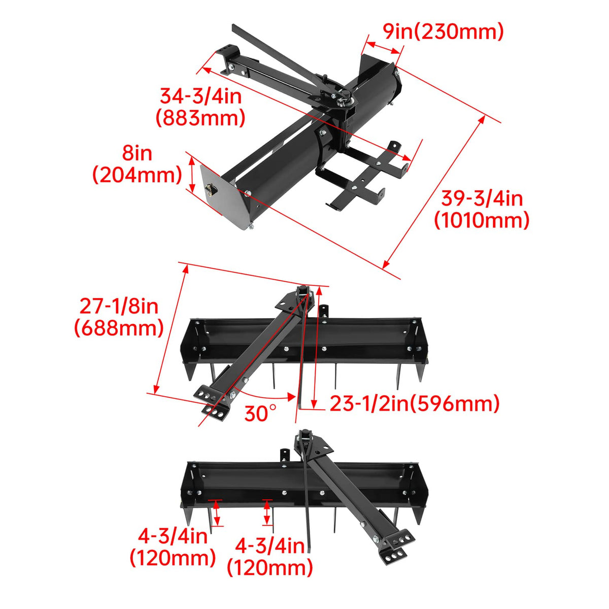 Tow-behind scraper blade with black steel box frame, angled cutting edges, and linkage