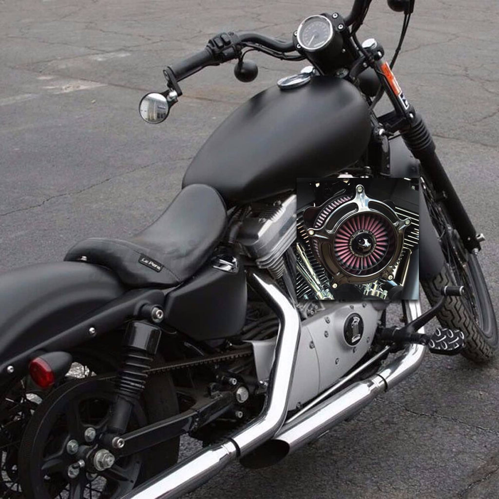Black air cleaner intake filter with purple-red pleated cones mounted on motorcycle