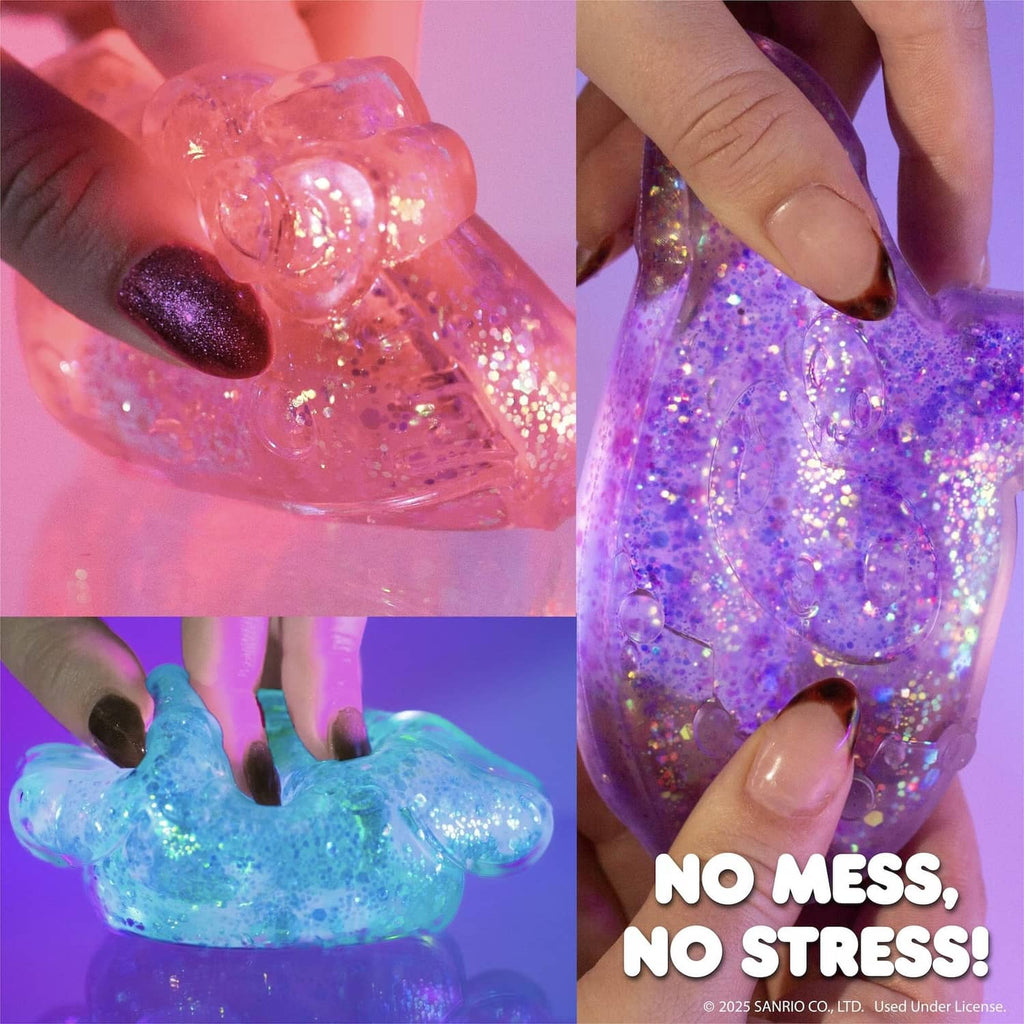 Clear glitter gel slime in blue and purple hues, shown in hand shapes