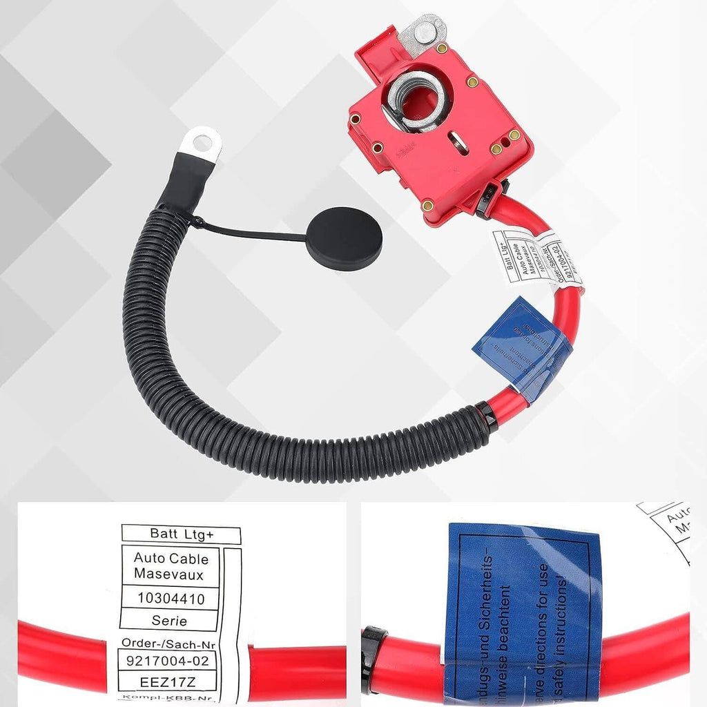 Red battery cable with black ribbed sheath, round black cap, and labeled section