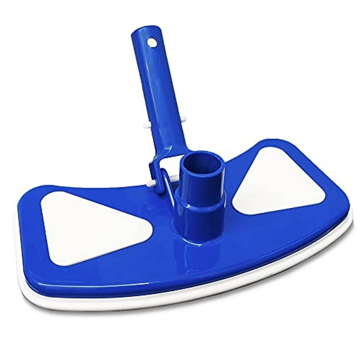 Blue pool vacuum head with hose connector and three white brush pad panels