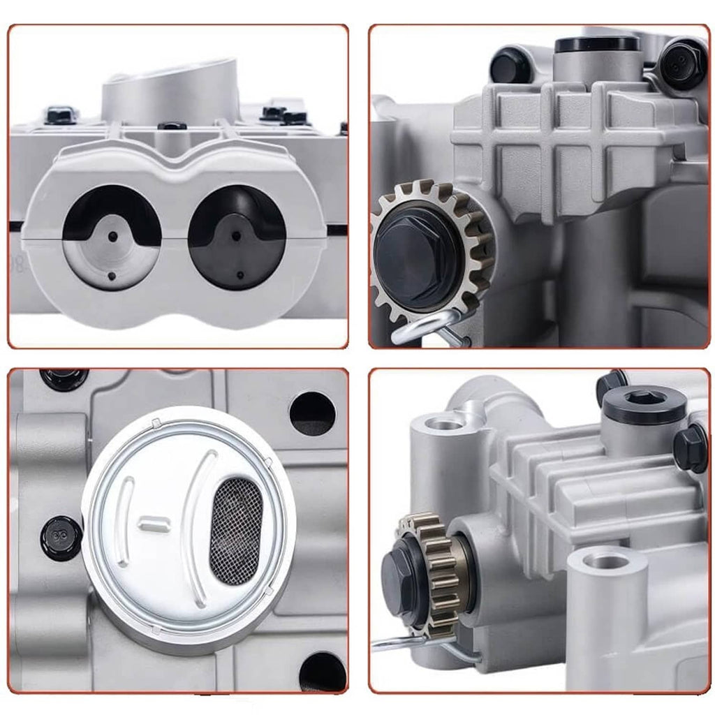 Close-up of oil pump housing with circular filter screen and drive gear teeth