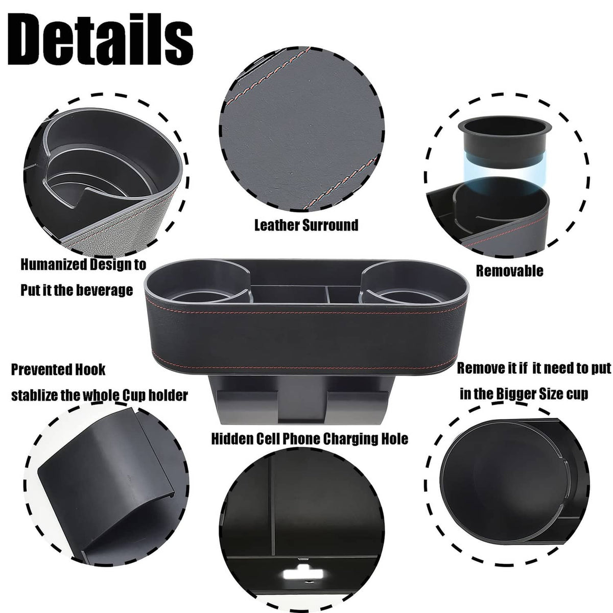 Car seat organizer with red-stitched leather surround, removable cup holders, and phone hole