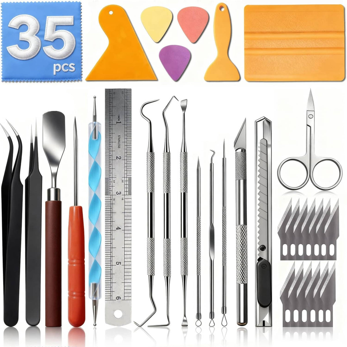 35-piece vinyl weeding tools kit with metal picks, tweezers, and orange guide pieces