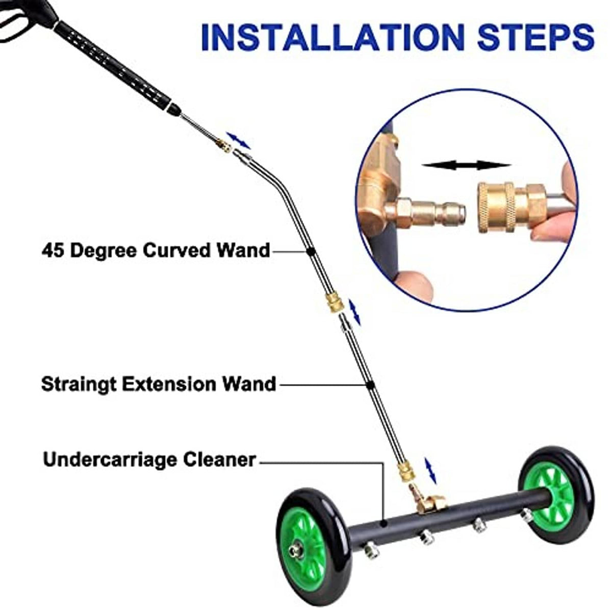 Pressure washer undercarriage kit with 45-degree curved wand, straight extension, brass connectors