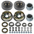Trailer brake drum kit with hub and bearings, plus seals, caps, and mounting hardware
