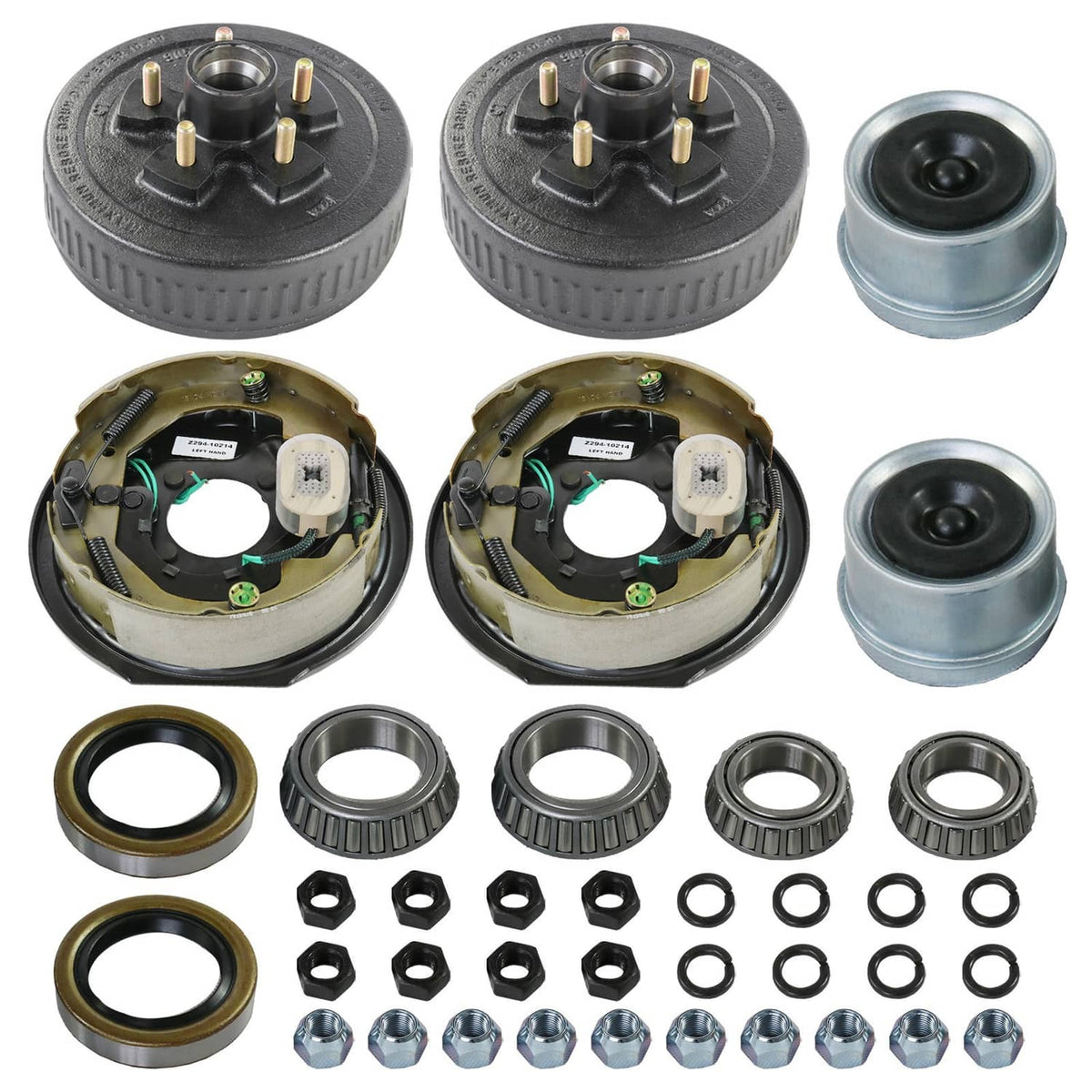 Trailer brake drum kit with hub and bearings, plus seals, caps, and mounting hardware