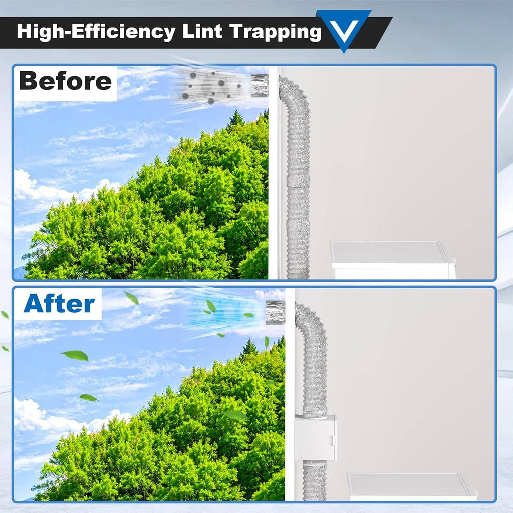 Dryer vent lint trap kit before-and-after comparison with duct and lint box