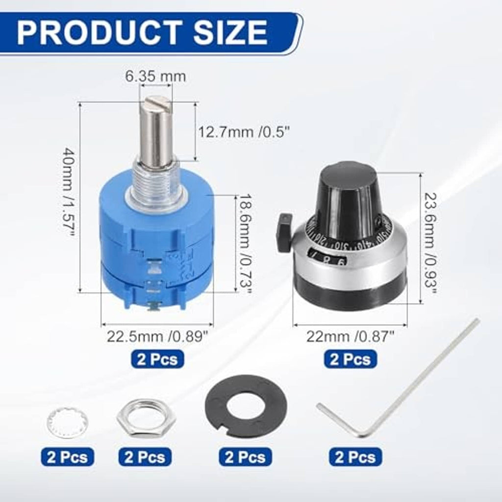 Multi-turn potentiometer product diagram showing dimensions for two potentiometers