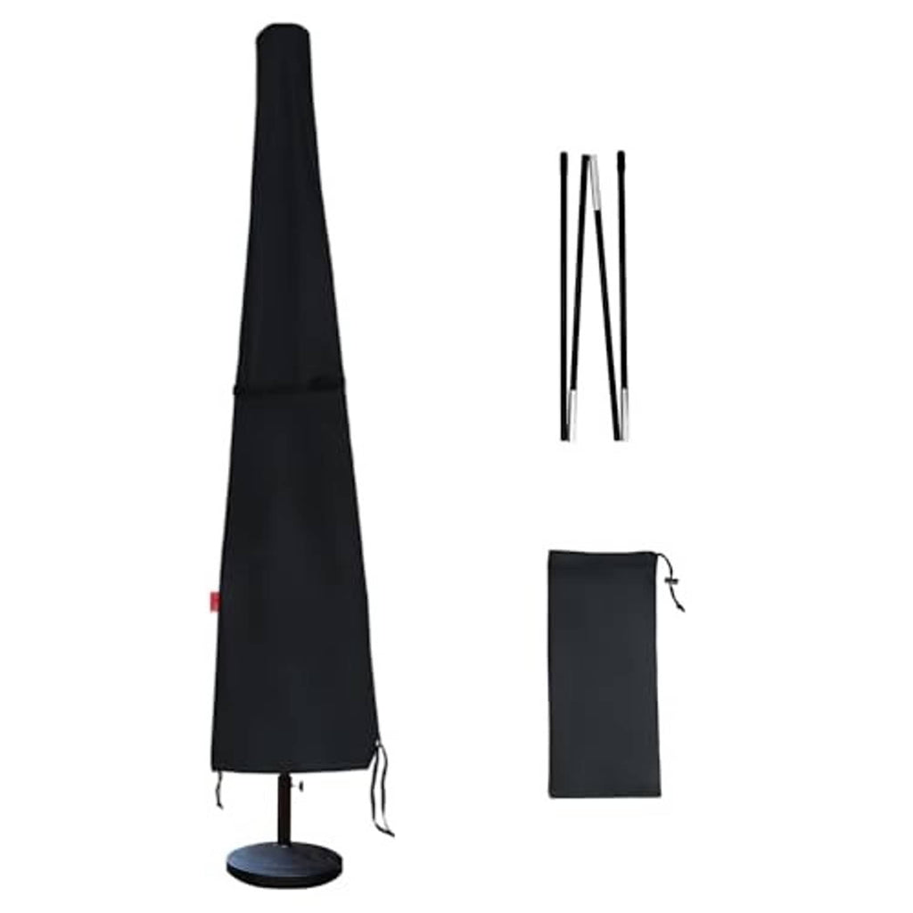 Black umbrella cover with included storage bag and foldable support poles